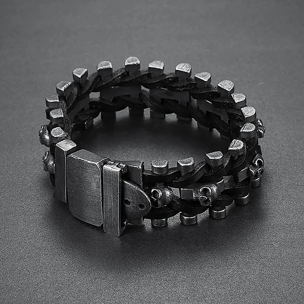 FZ Black Skull Braided Leather Stainless Steel Cool Skull Bracelet