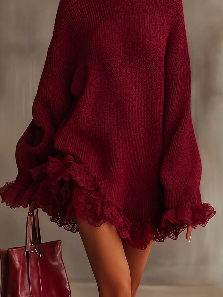 FZ Women's Knitted Lace Ruffle Trim Loose Vintage Turtleneck Mini Sweater Dress