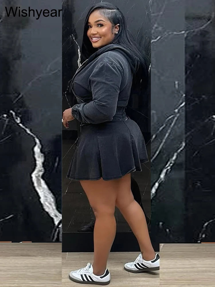 FZ Women's Long Sleeve Hooded Pleated Vintage Wash 2 Piece Denim  Skirt Suit