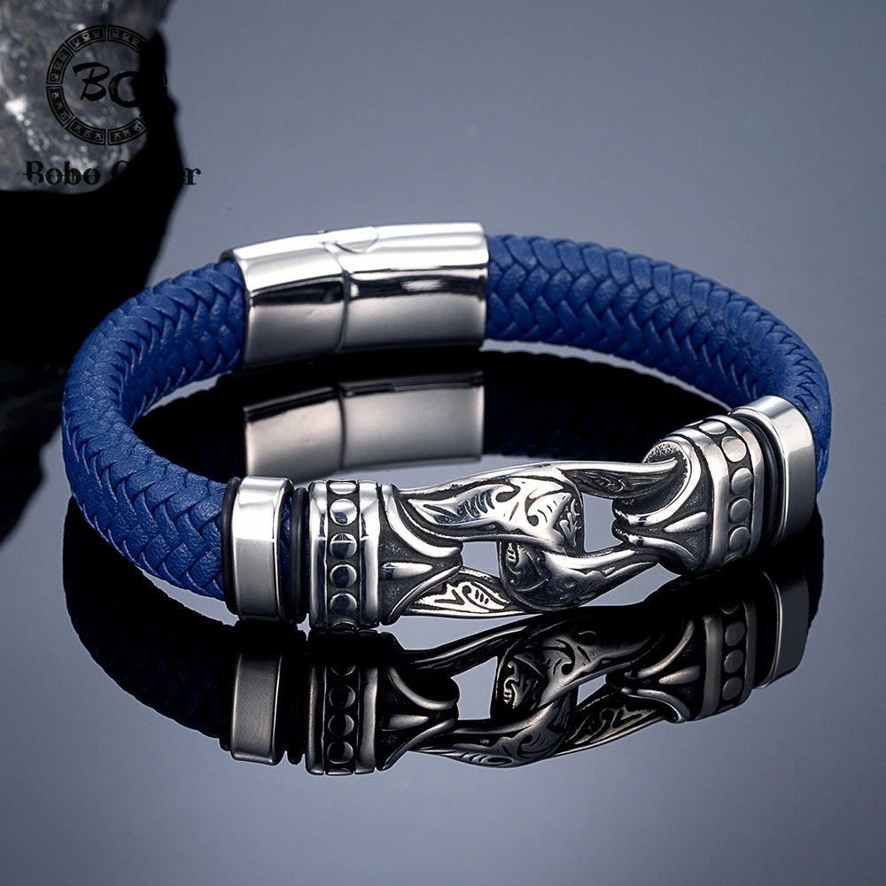 FZ Men's Leather Weaved Stainless Steel Infinity Viking Bracelet