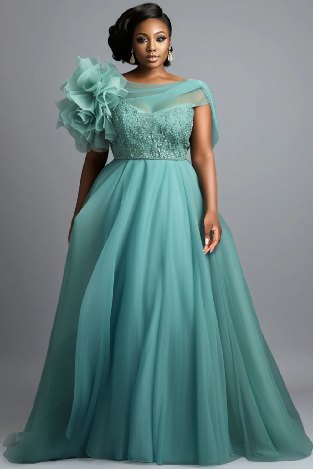 FZ Women's Plus Size Round Neck One Shoulder 3D Elegant Tulle Maxi Dress