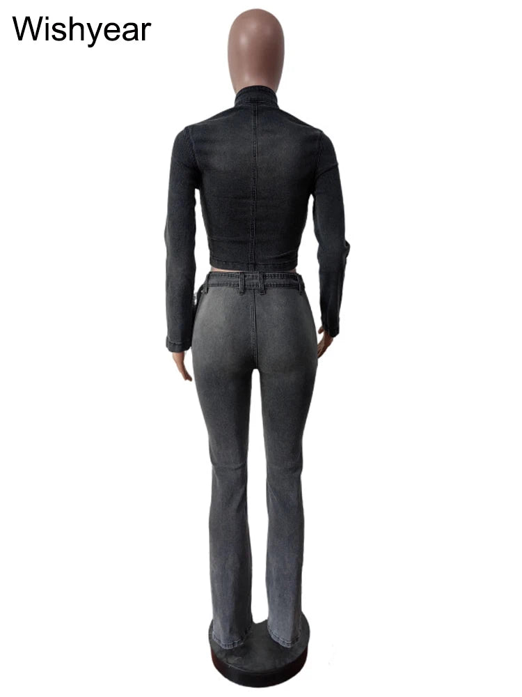 FZ Women's Vintage Gray Stretch Pencil  2-Piece Denim Pants Suit