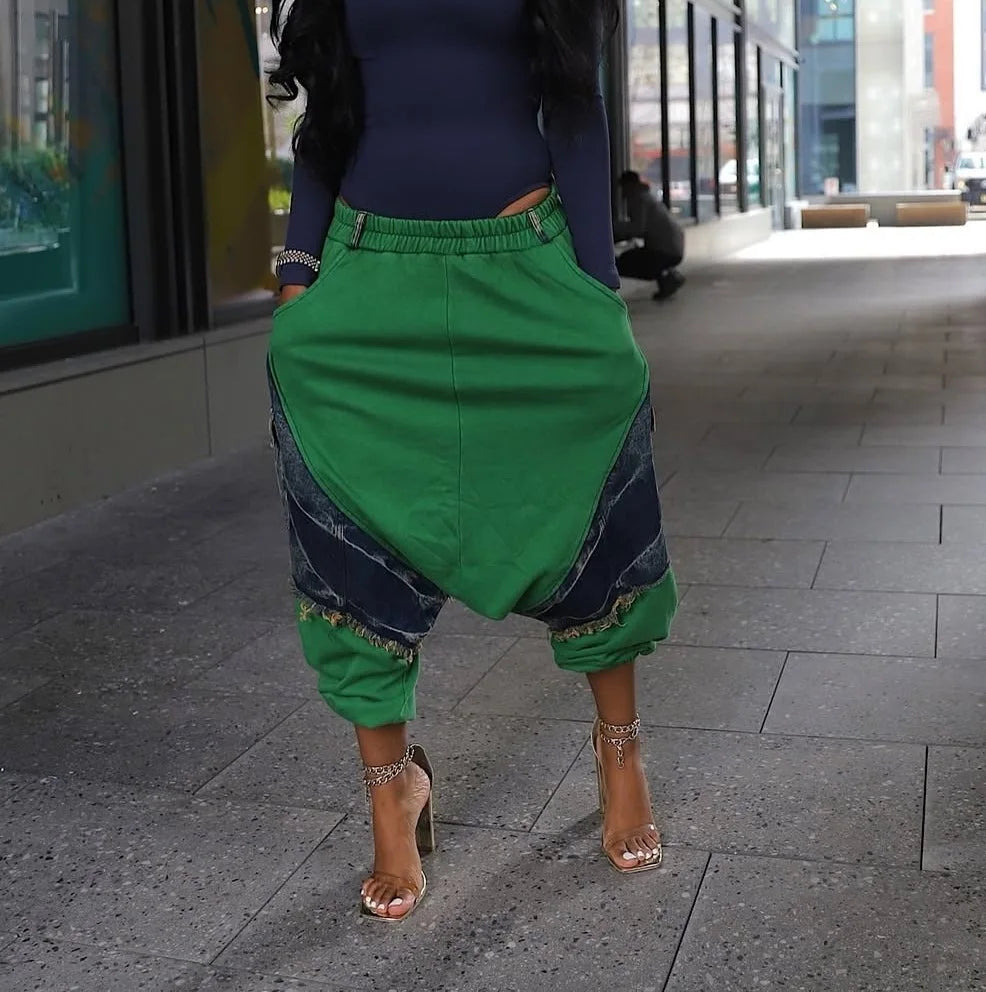 FZ Women's Loose Harem Elastic Waist and Tassel Design Denim Pants