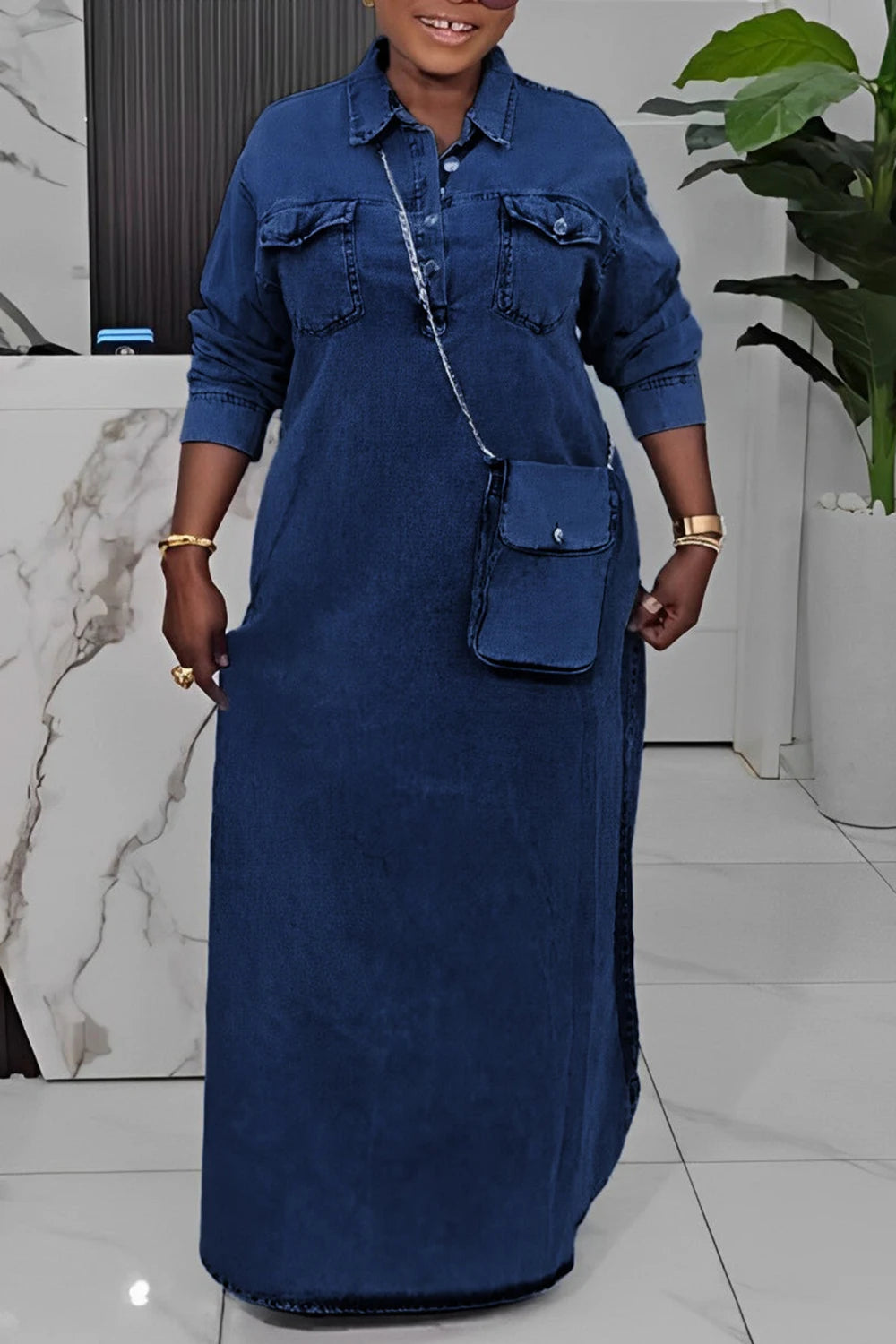 FZ Women's Plus Size Shirt Collar Long Sleeve Button Pocket Maxi Denim Dress