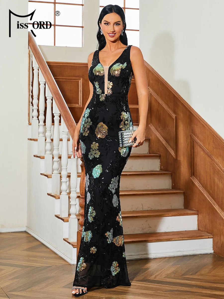 FZ Women's V Neck Sequin Mermaid Cocktail Maxi Evening Dress