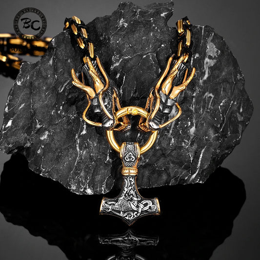Punk Norse Runes Vikings Dragon Necklace Men's Black Mix Gold Color Stainless Steel Anchor Pendant Mjolnir Scandinavian Jewelry FZwear