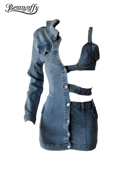 Benuynffy Deep V-neck Sexy Cutout Denim Dress Women Autumn New Single Breasted Elastic Fashion Long Sleeve Spring Mini Dresses FZwear