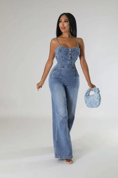 FZ Women's Spaghetti Strap Cotton High Waist Stretch Denim Wide Leg Jumpsuit - FZwear