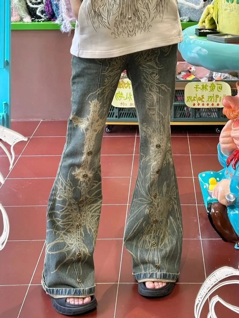 FZ Women's Retro Wash Print Flare High Waist Draped Old Slim Denim Pants - FZwear