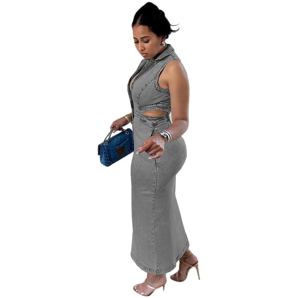 FZ Women's Halter Sleeveless Side Hollow Stretchy Slim Denim Dress