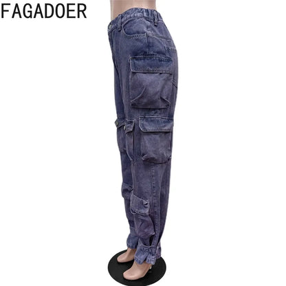 FZ Women's Fashion Cargo Denim High Waisted Button Straight Pants - FZwear