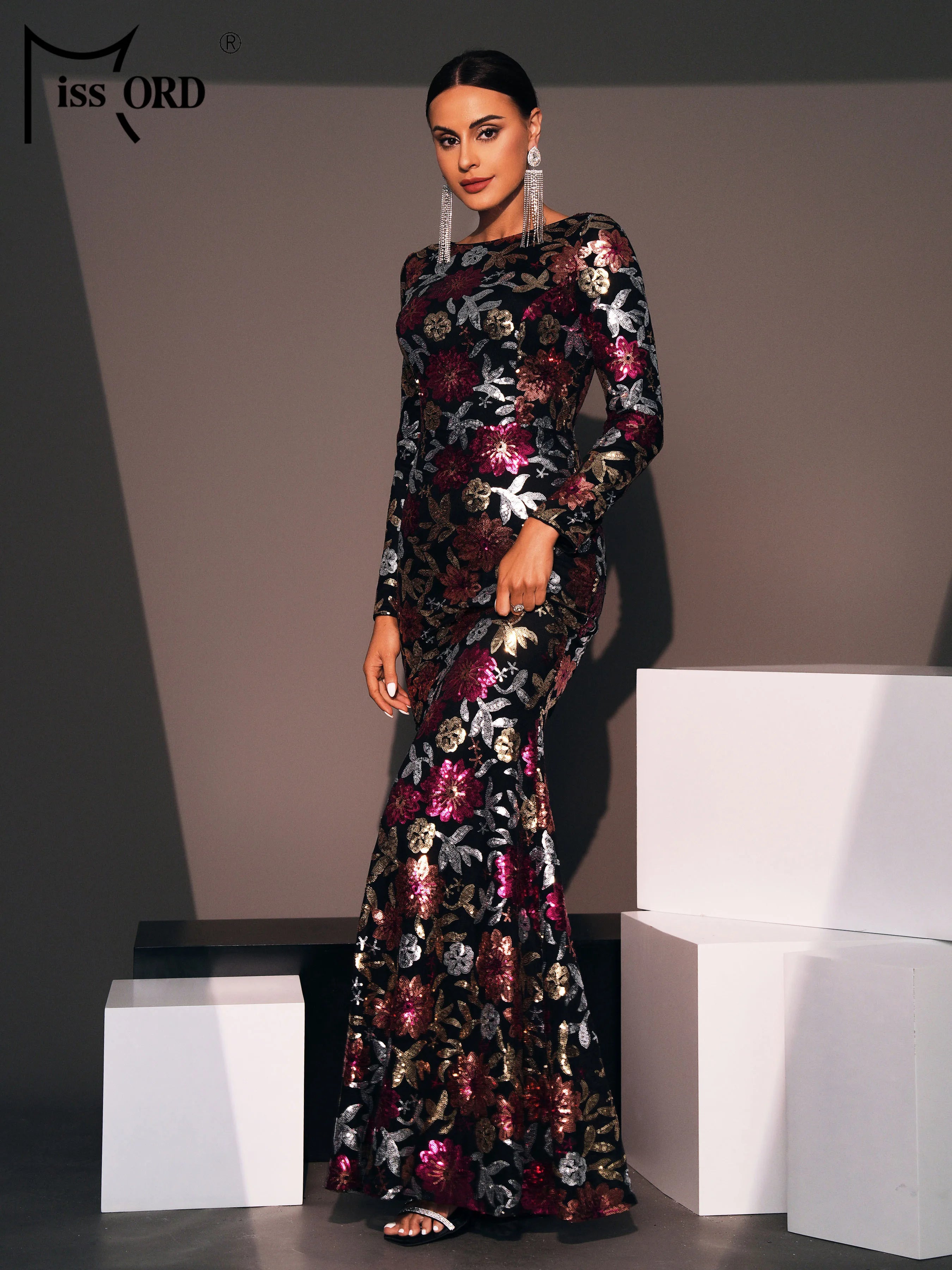 FZ Women's New Round Neck Floral Sequin Mermaid Cocktail Evening Dress