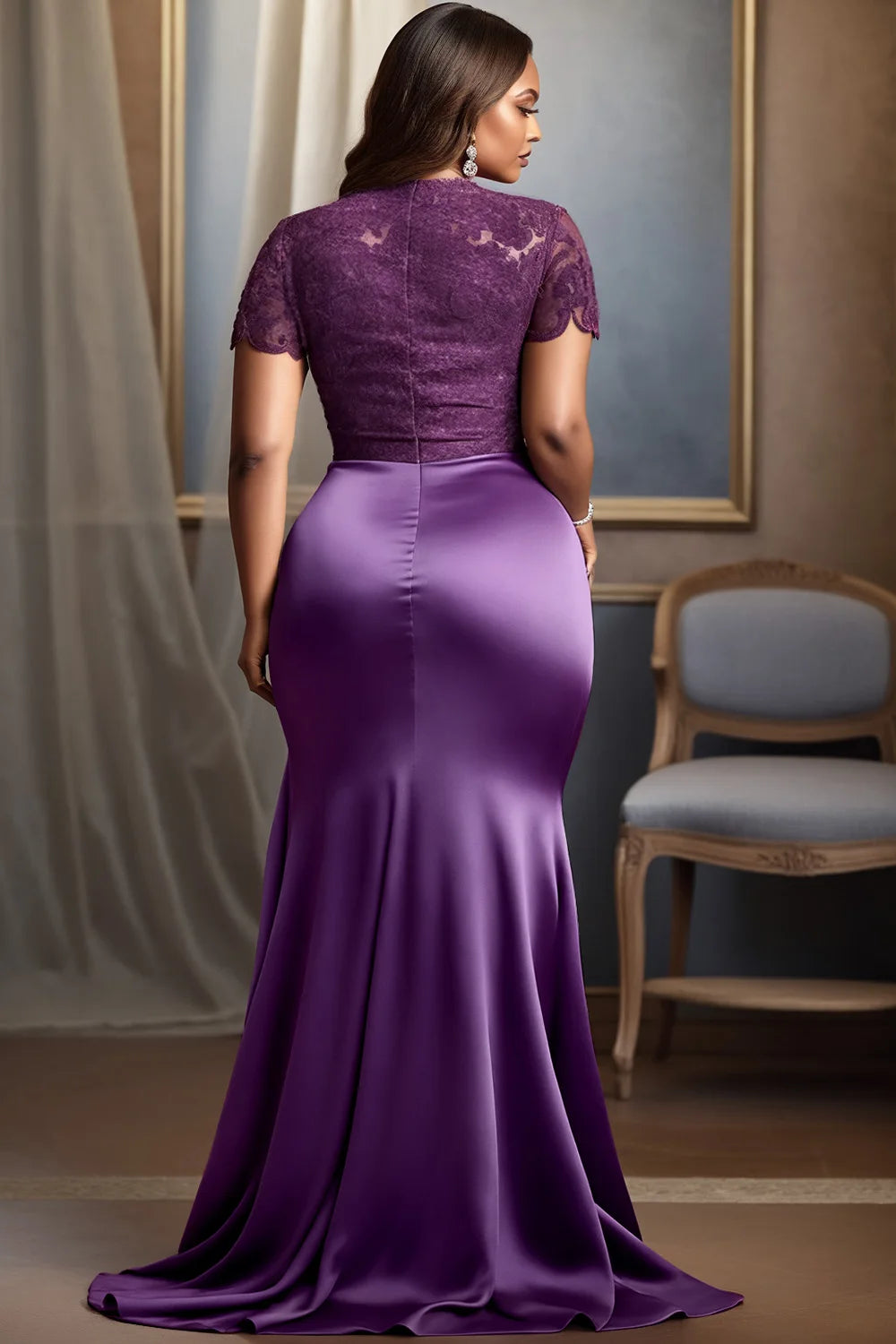 FZ Women's Plus Size V Neck Short Sleeve Ruffled Fold Lace Maxi Dress