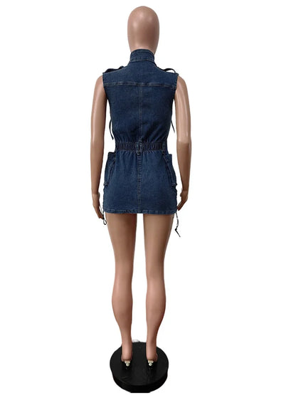 Benuynffy Half Zipper Washed Cargo Denim Dress Women Summer 2024 New Fashion Streetwear Sleeveless Drawstring Mini Jean Dresses FZwear