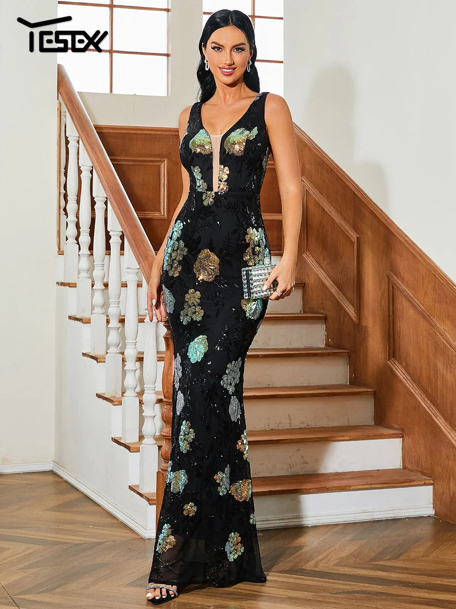 FZ Women's Floral V Neck Mermaid Cocktail Dress