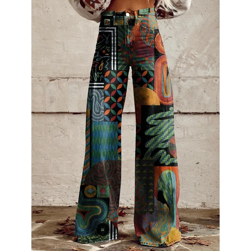 FZ Women's Vintage Flower Print Wide Leg Leopard Aztec Streetwear Bohemia Pants - FZwear