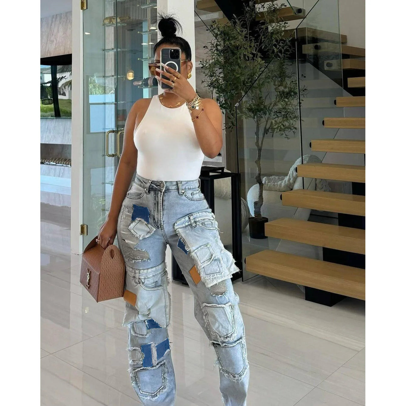 FZ Women's High Waist Y2K Streetwear Cargo Denim Pants
