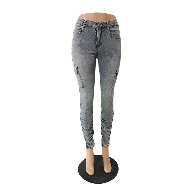 FZ Women's Pockets Stacked Slim Pleated Casual Denim Pants - FZwear