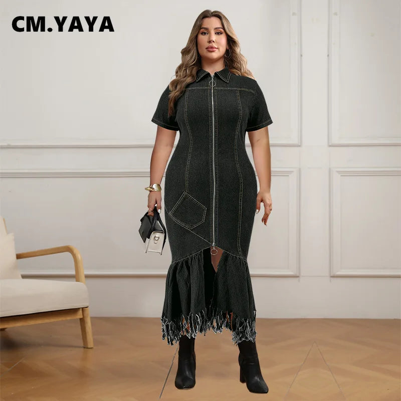 FZ Women's Plus Size Short Sleeve Tassel Zip Denim Dress