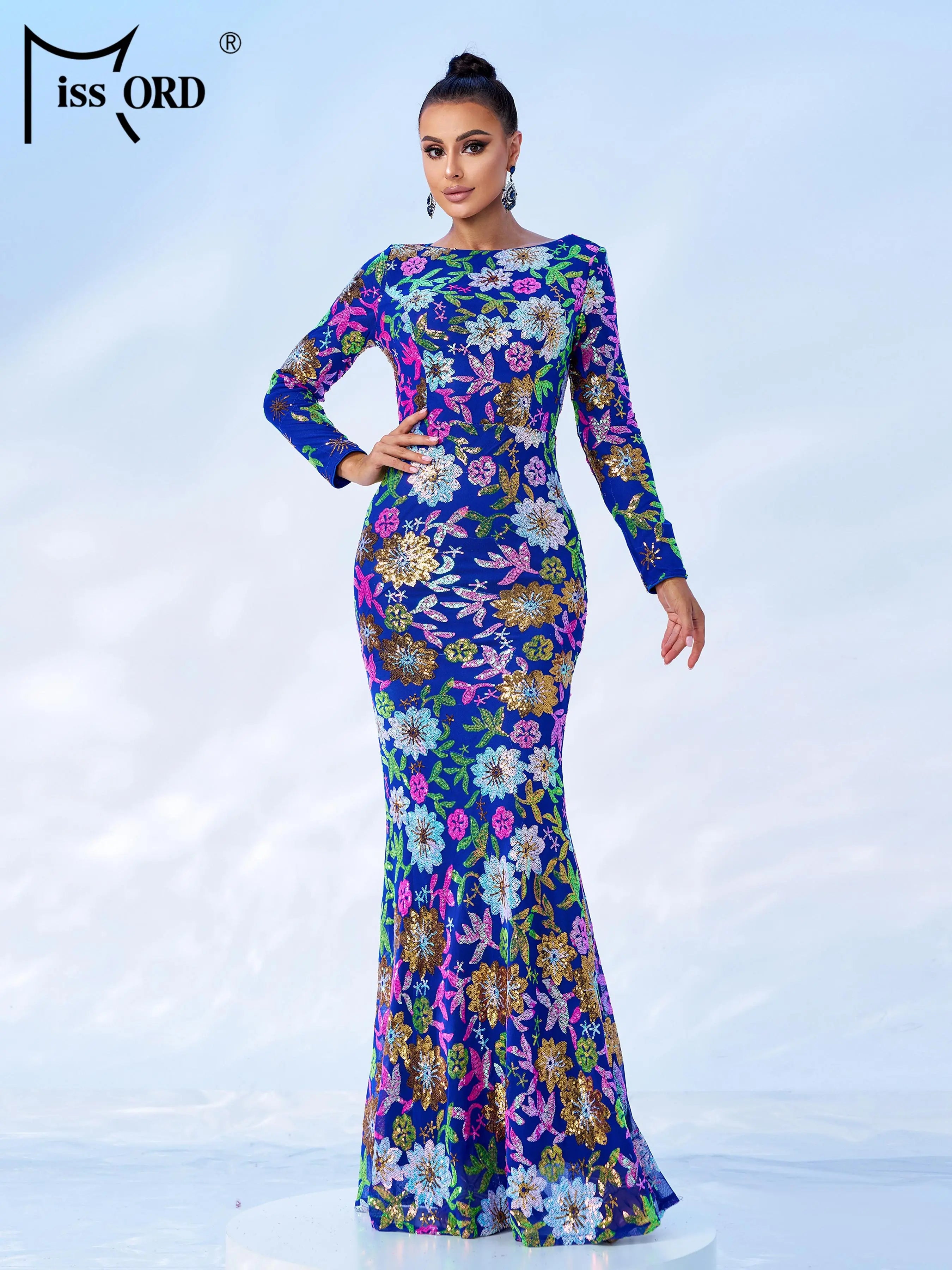 FZ Women's New Round Neck Floral Sequin Mermaid Cocktail Evening Dress