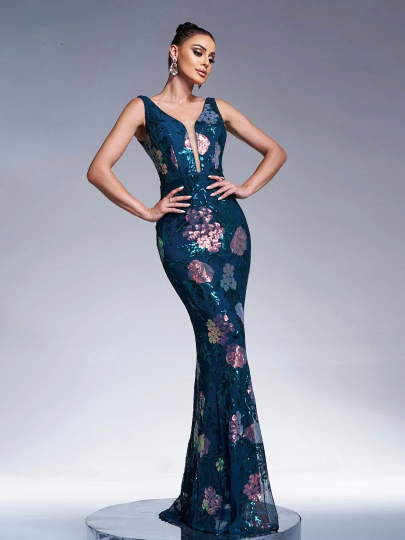 FZ Women's V Neck Sleeveless Sequin Mermaid Evening Dress