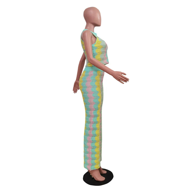 FZ Women's Knitted Striped Sleeveless Flare 2 Piece Pants Suit