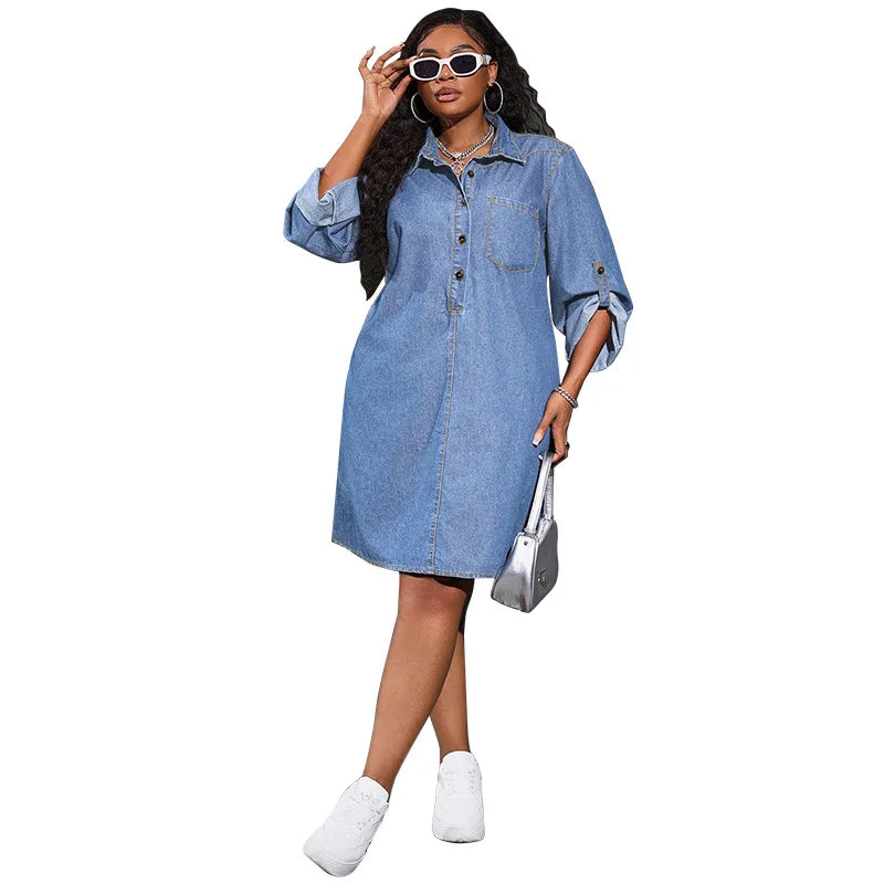 FZ Women's Solid Pocket Turn Down Collar Knee Length Single Breasted Denim Dress