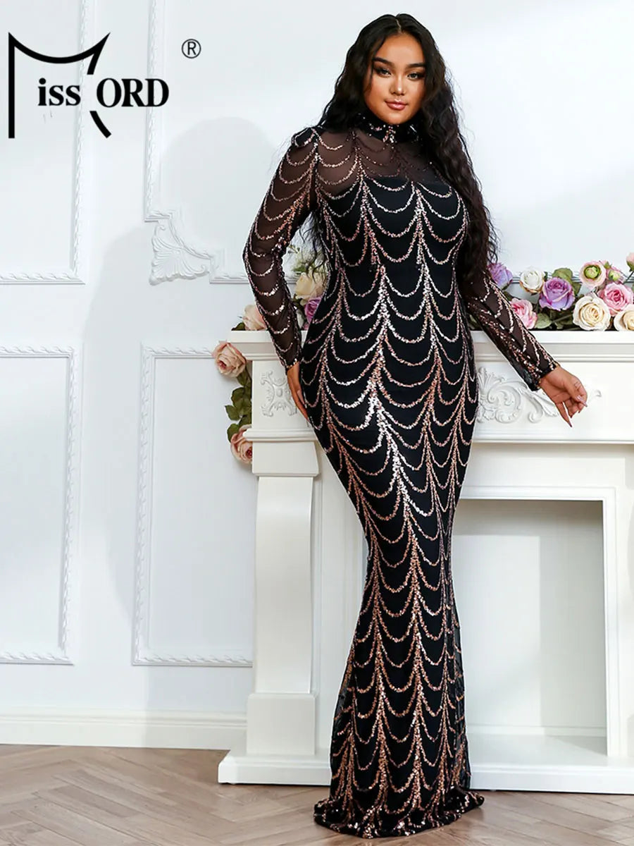 FZ Women's Plus Size High Neck Sequins Maxi Evening Dress