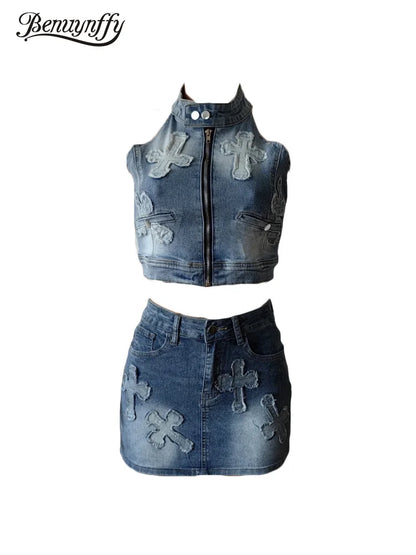 Benuynffy Sexy Y2k Skirts Sets Women's Outfit Streetwear Zip Up Backless Crop Denim Top with Bodycon Mini Skirts 2 Piece Set FZwear