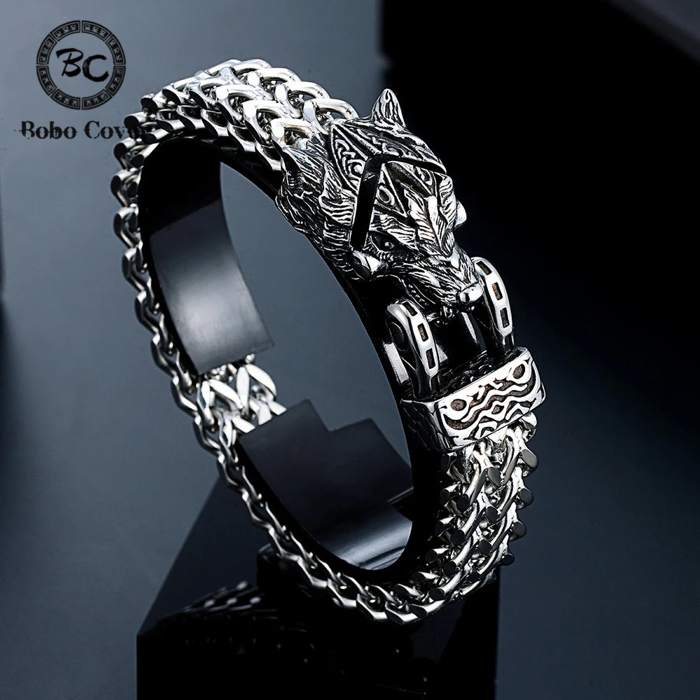 FZ Men's Retro Vikings Stainless Steel Mesh Chain Bear Norse Wolf Bracelet