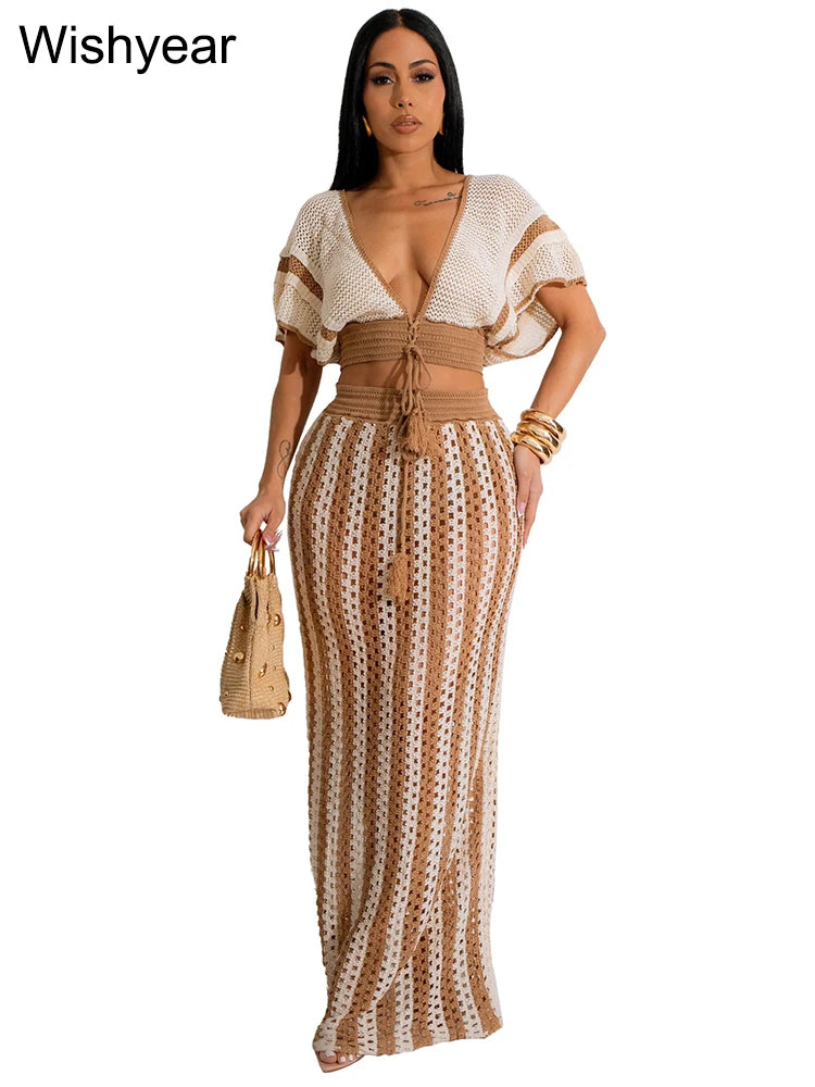 FZ Women's Elegant Knitted Crochet Swimsuit Black Stripe Two 2 Pieces Suit