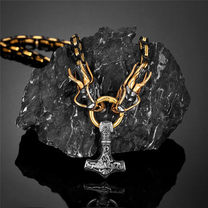 Punk Norse Runes Vikings Dragon Necklace Men's Black Mix Gold Color Stainless Steel Anchor Pendant Mjolnir Scandinavian Jewelry FZwear