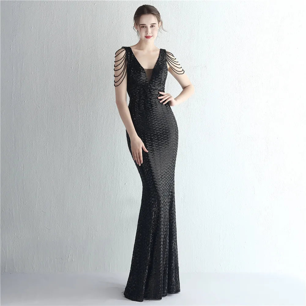 FZ Women's V Neck Sequin Maxi Beading Evening Dress