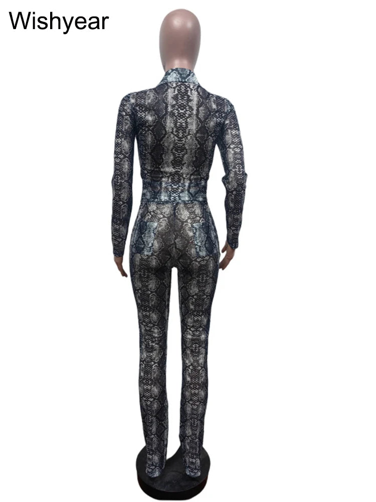 FZ Women's Snake Pattern Full Sleeve Skinny Two Piece Pants Suit