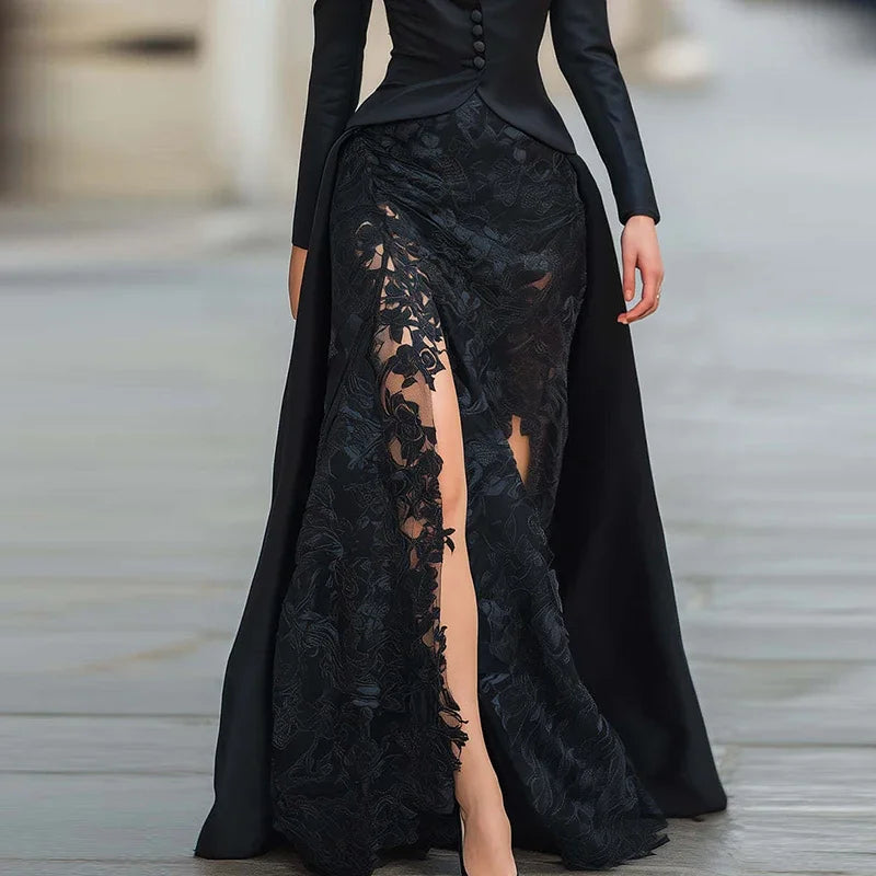 FZ Women's Lace Patchwork Irregular Split Robe High Waist Maxi Dress