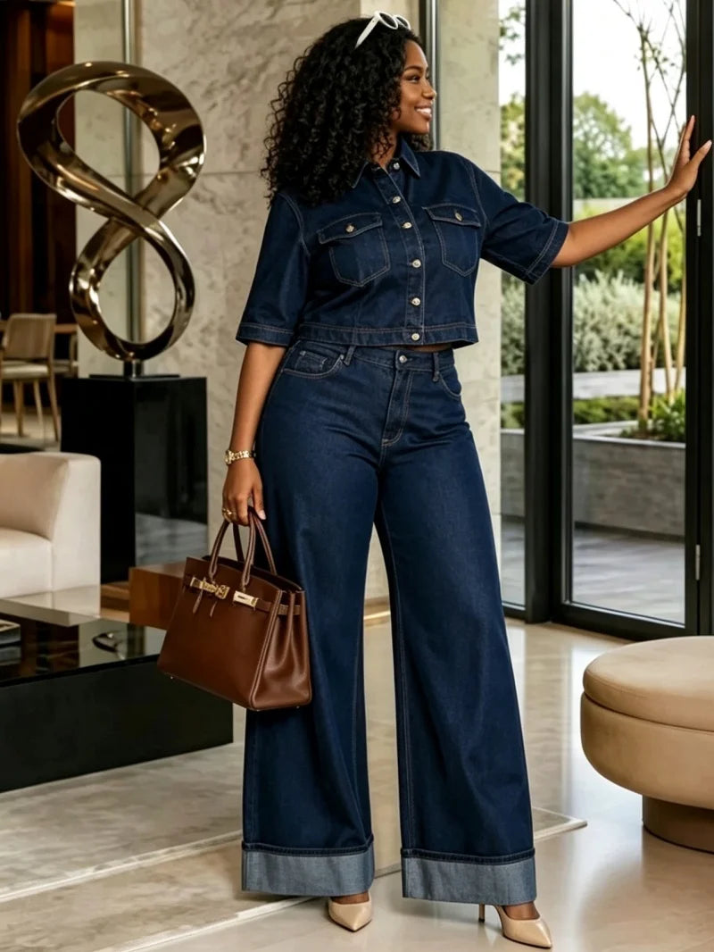 FZ Women's Half Sleeve Straight Denim Pants Suit