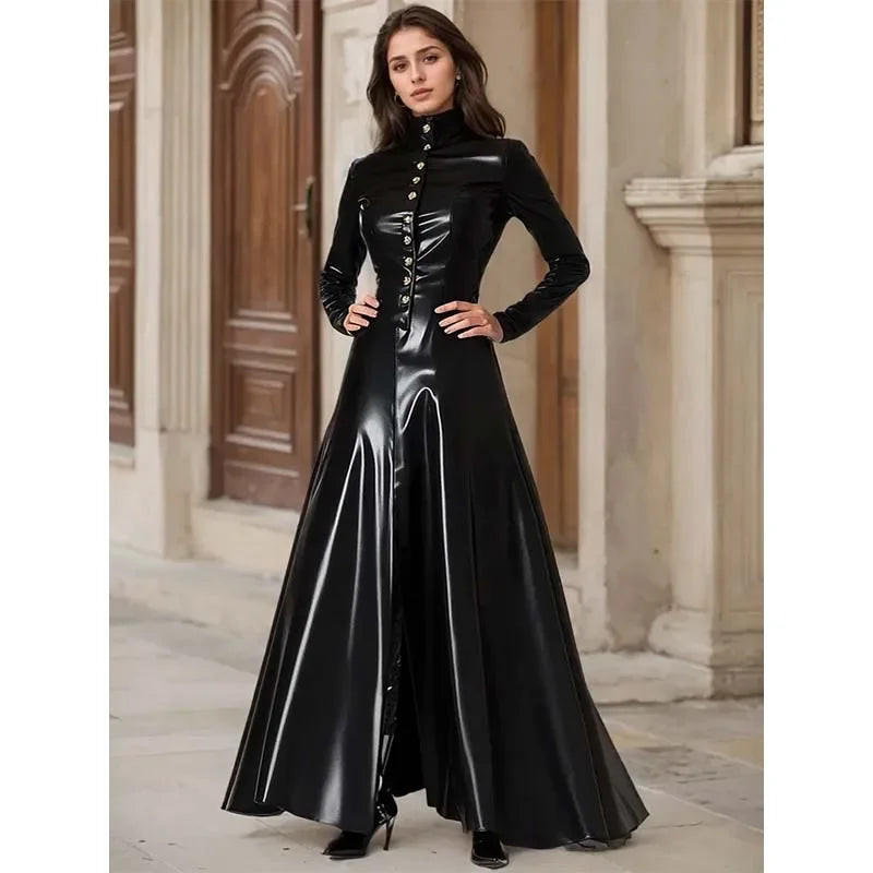 FZ Women's PU Leather Turtleneck Long Sleeve Vintage Slit Hem A-Line Maxi Dress