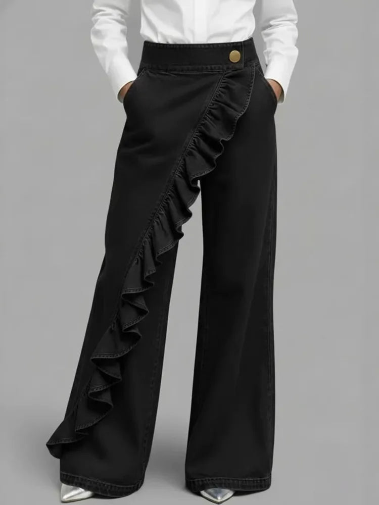 FZ Women's Loose Irregular Splicing High Waisted A-line Wide Leg Denim Pants