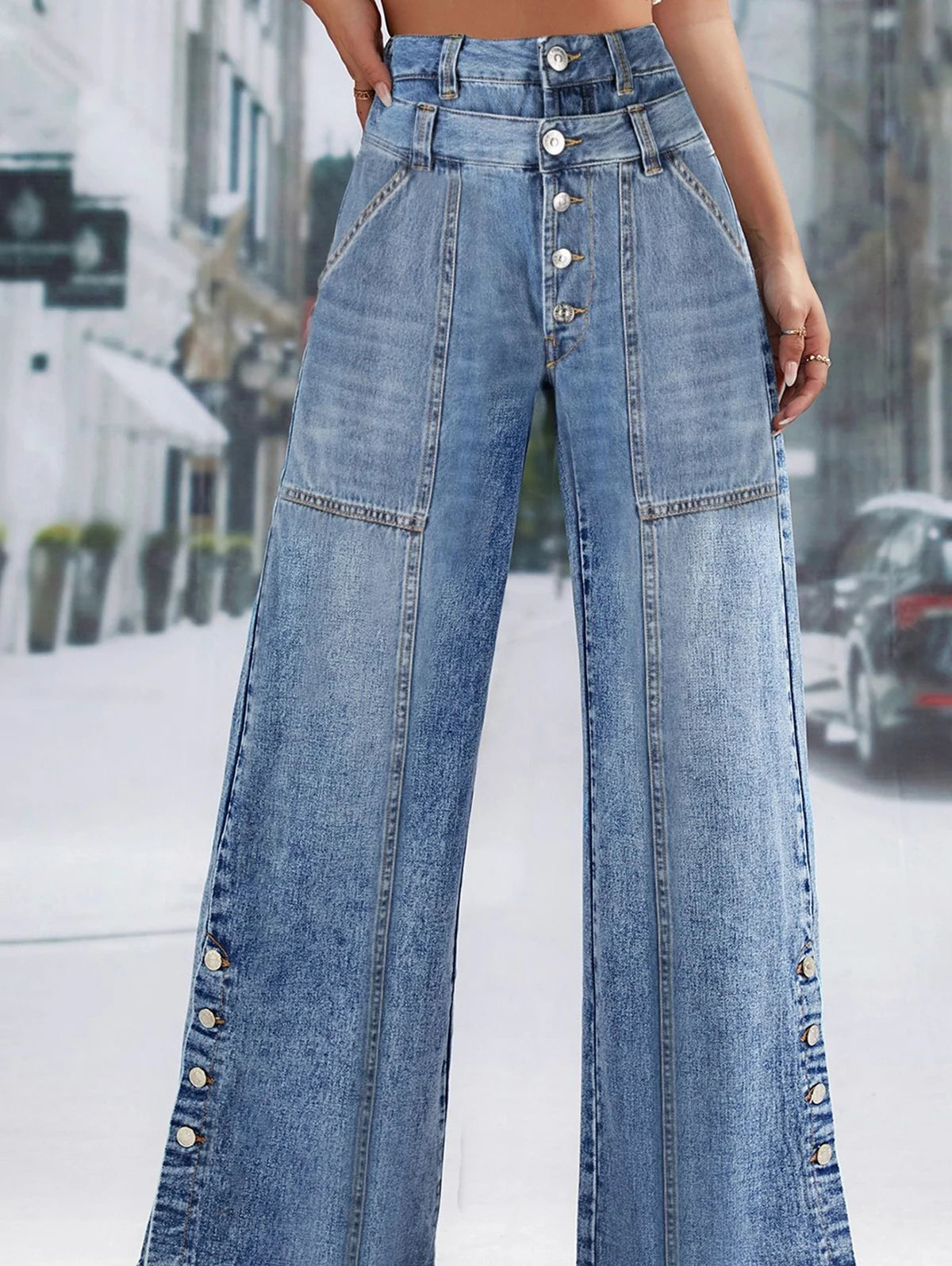 Women's Plus Size Jeans Pockets Denim Wide Leg Pants Button Vintage Streetwear Solid Casual Minimalist Jeans Trousers 2024 FZwear