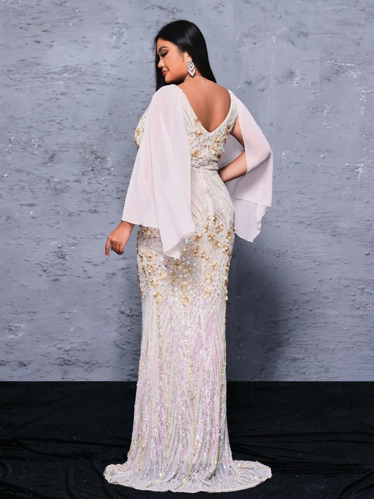 FZ Women's Plus Size V Neck Sequin Mermaid Floor Length Evening Dress