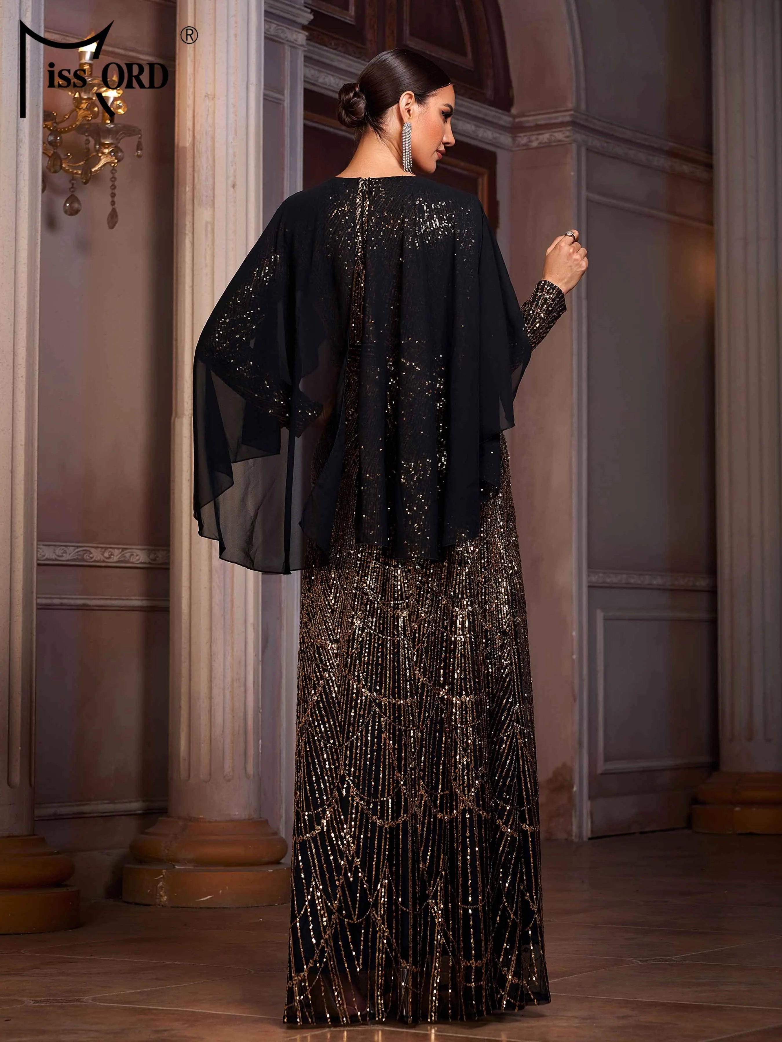 FZ Women's Round Neck A Line Sequin Batwing Sleeves Maxi Evening Dress