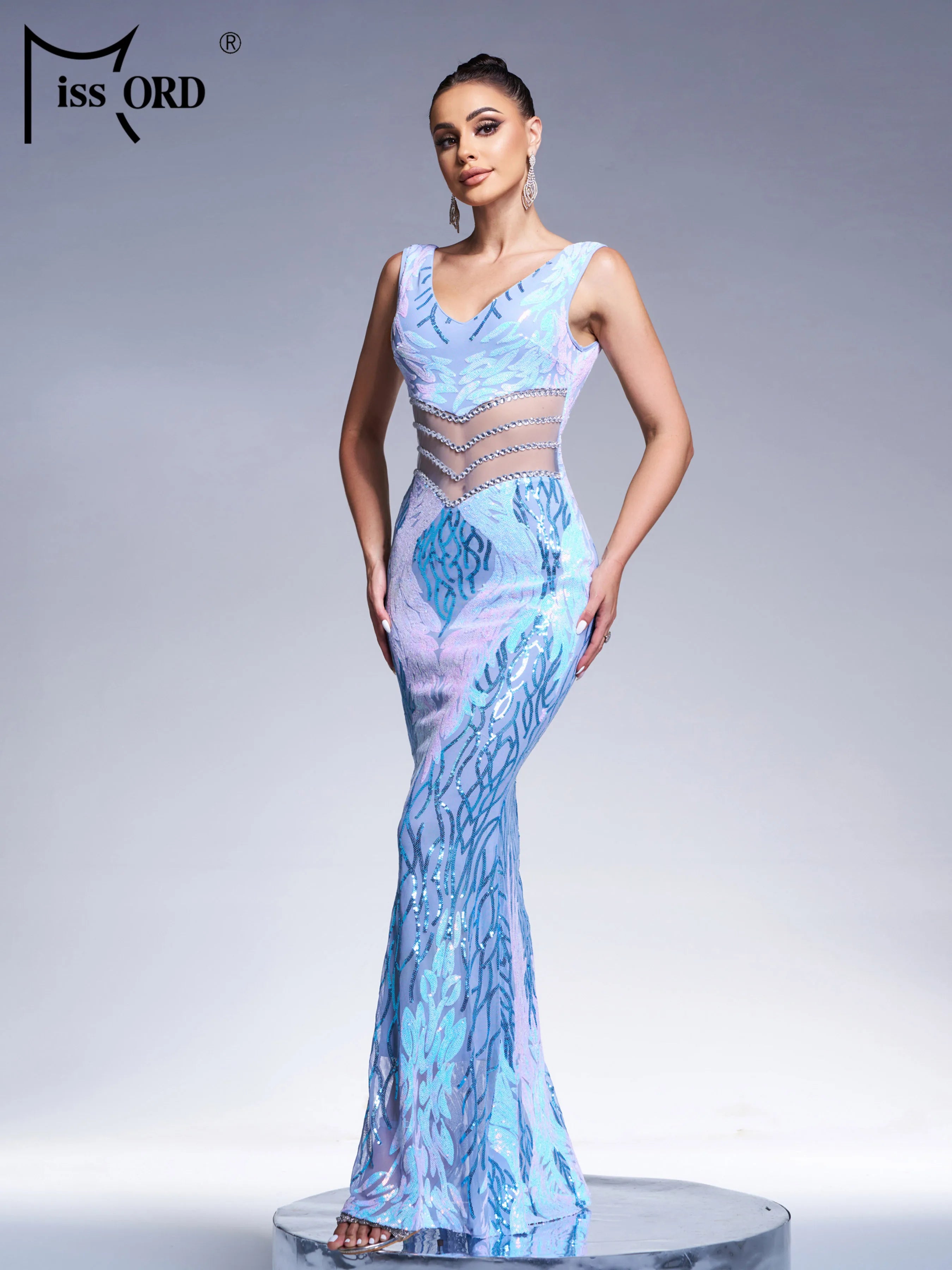 FZ Women's V Neck Cutout Sequin Mermaid Cocktail Maxi Evening Dress