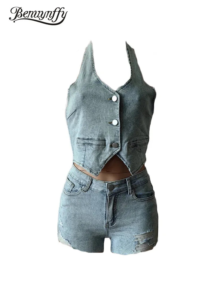 Benuynffy 2024 Summer New Vest Shorts Set For Women Single Breasted Backless Crop Vest Top+Ripped Denim Shorts Two Piece Outfits FZwear