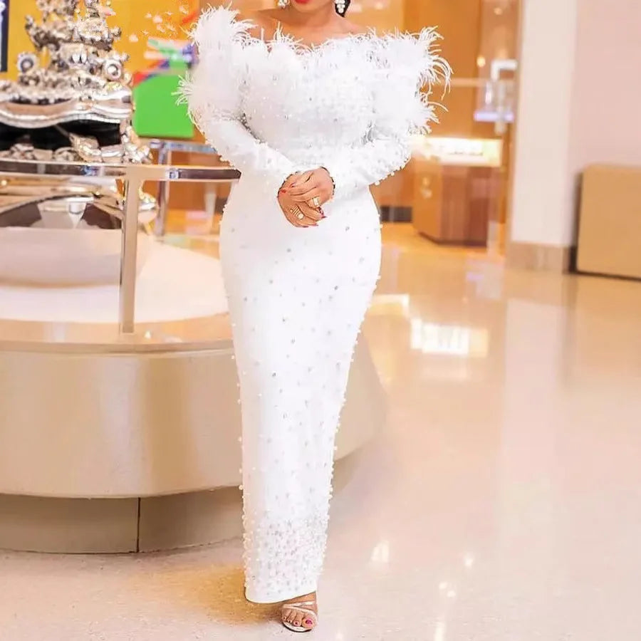 FZ Women's Plus Size Off Shoulder Feather Slim Embroidered Flares Dress