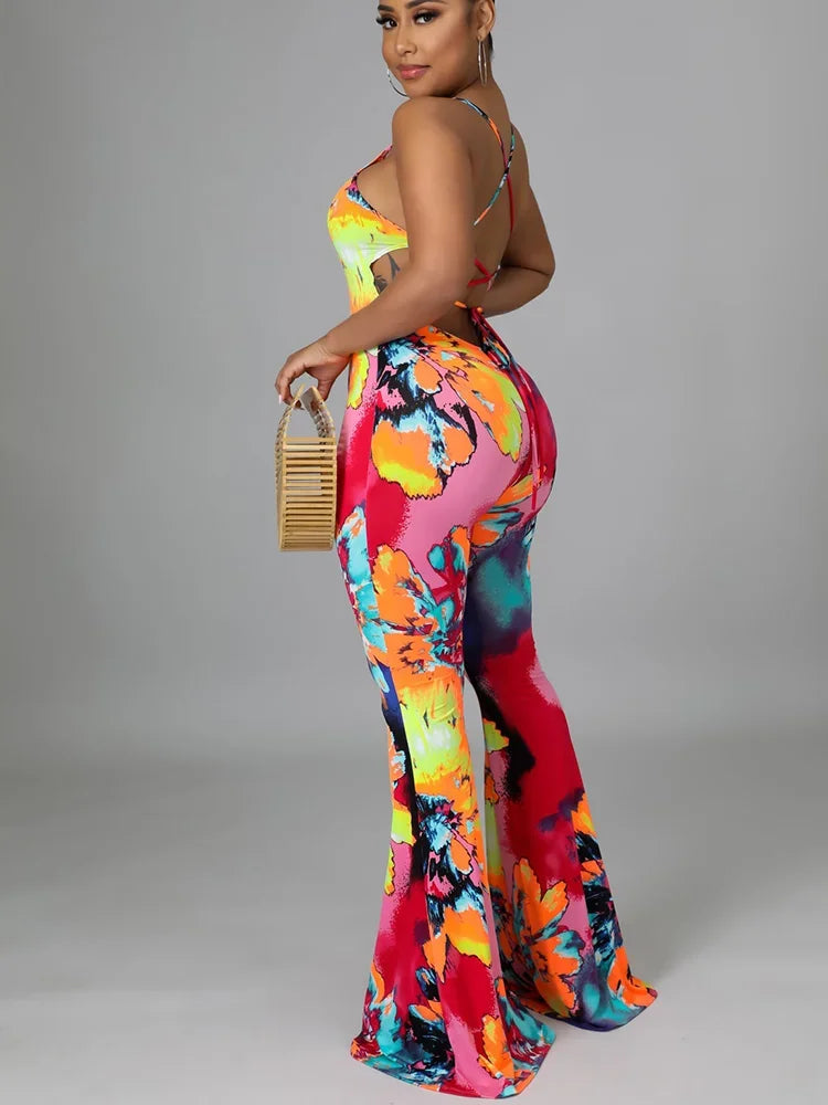 FZ Women's Sexy Floral Print Strap Backless Jumpsuit - FZwear