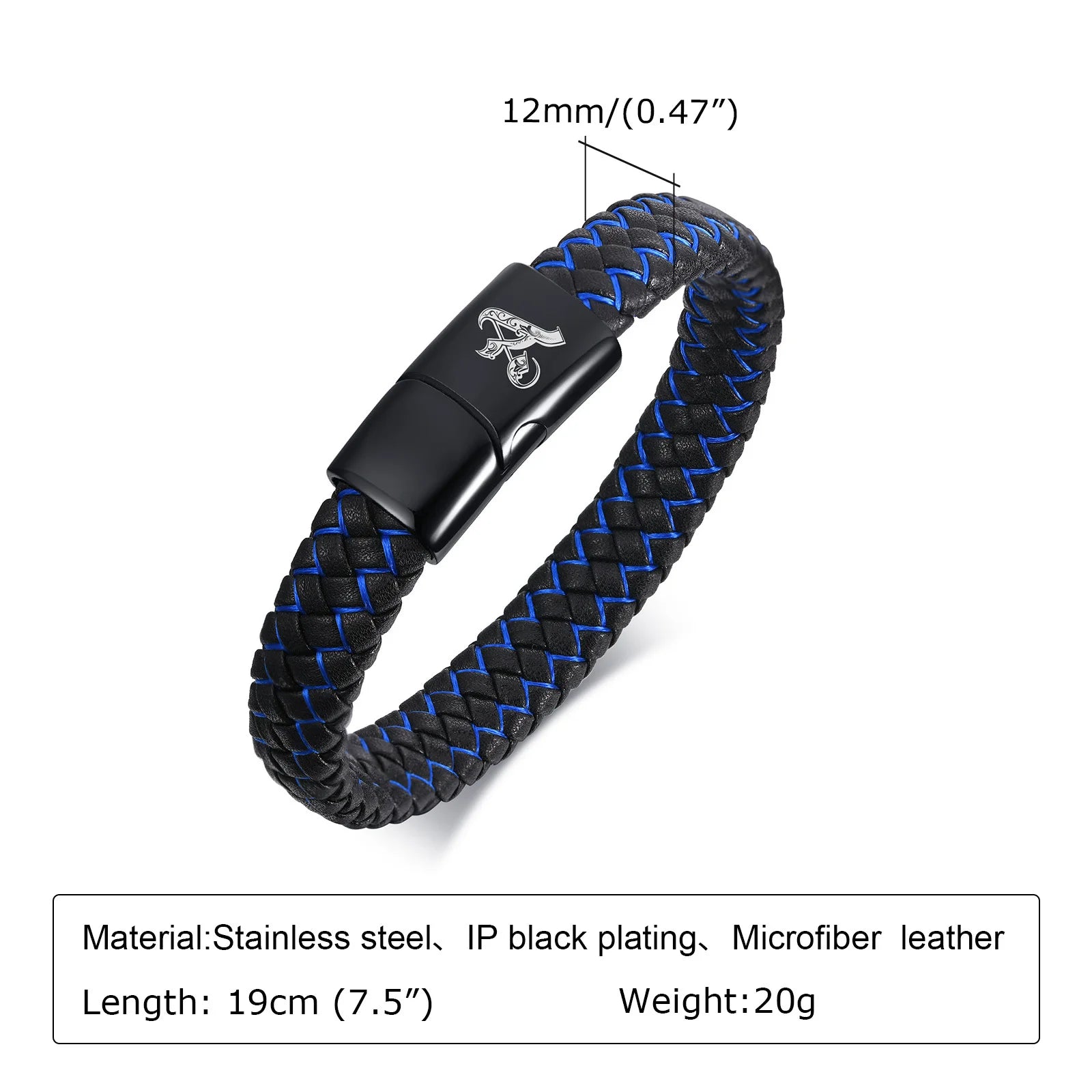 FZ Blue Black Braided Leather A-Z Initial  Bracelet - FZwear