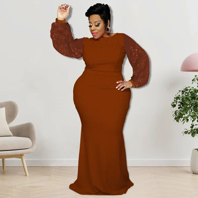 FZ Women's Plus Size Sequin Patchwork Lantern Long Sleeve Maxi Evening Dress