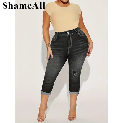 Women's Plus Size Casual Jeans,  Washed Button Fly Ripped Roll Up Hem High Rise  Skinny Capri Jeans FZwear