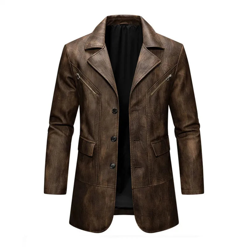FZ Men's Vintage PU Leather Turn Down Collar Blazer Jacket