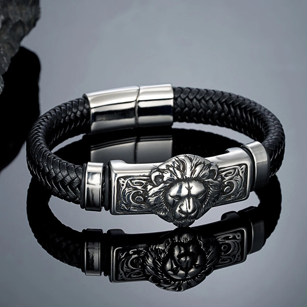 FZ Punk Lion Braided Genuine Leather Stainless Steel Magnetic Buckle Bracelet